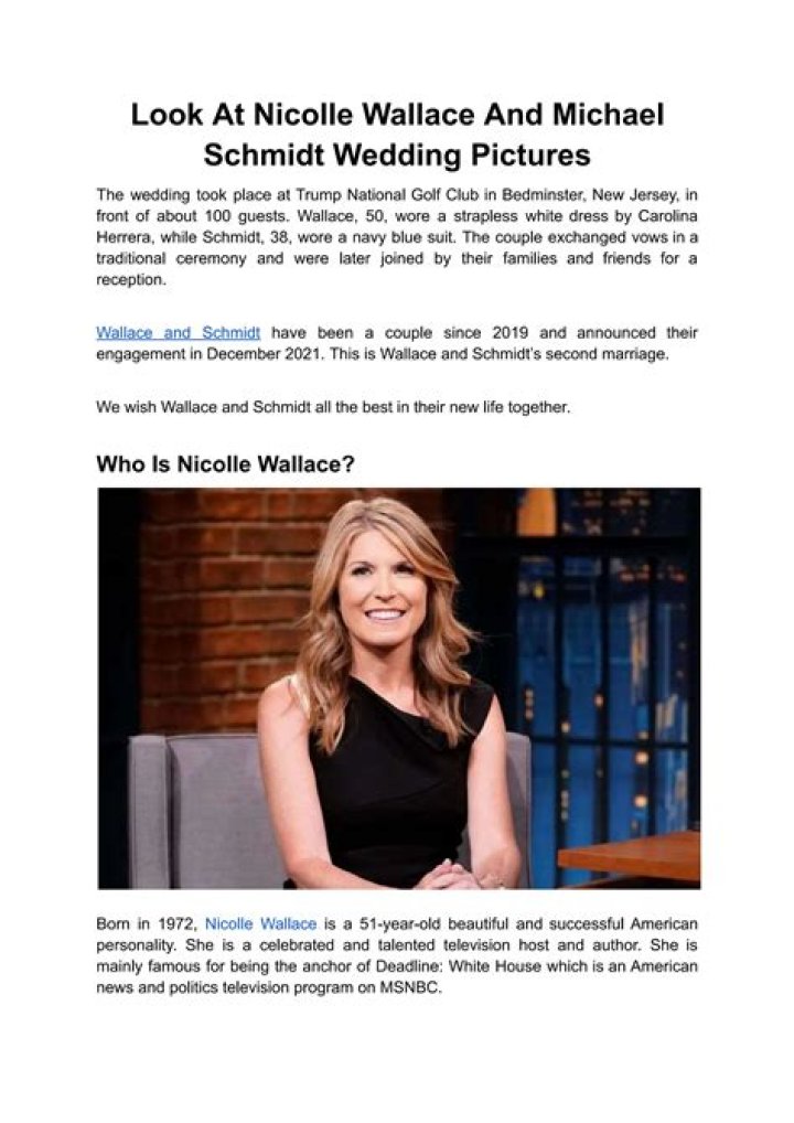 Nicolle Wallace and Michael Schmidt Wedding Pictures: A Detailed Insight